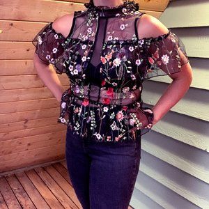 Whimsical Floral Sheer Mock-Neck Peplum